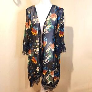 E By Eloise Floral Sheer Kimono with Lace Trim XS/S